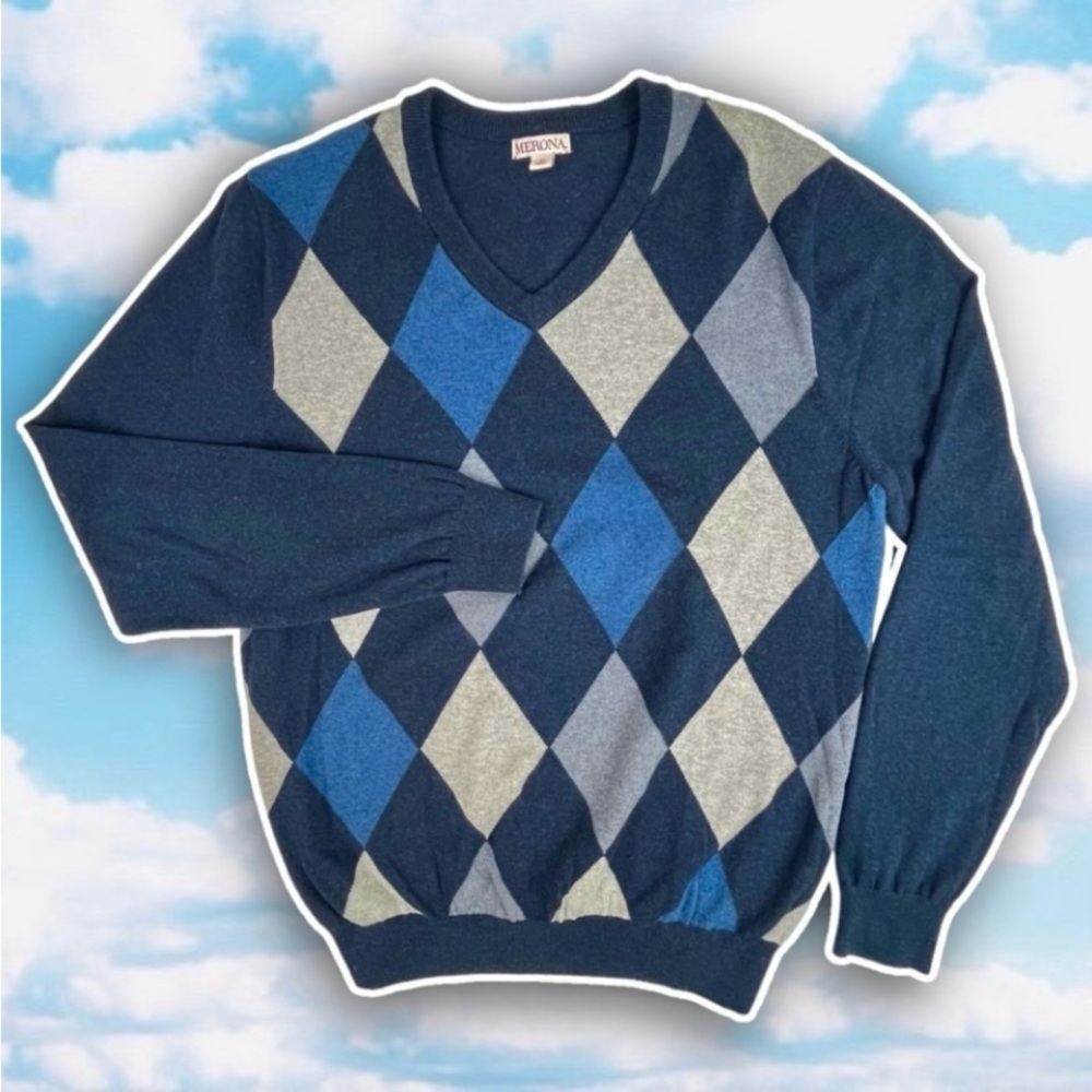 ❤️ MERONA Cotton Argyle V-Neck Pullover Sweater Blue Preppy Academia Collegiate